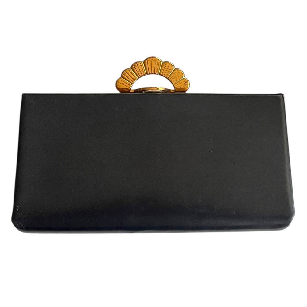 Vintage Evans 1920-40s Womens Clutch Leather Handbag Black Gold Art Deco